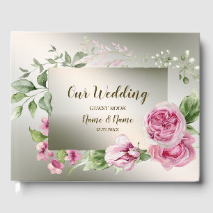 Watercolor Pink Floral Frame Shiny Bronze Party Guest Book