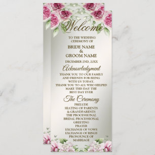 Watercolor Pink Floral Frame Shiny Bronze Party Programme