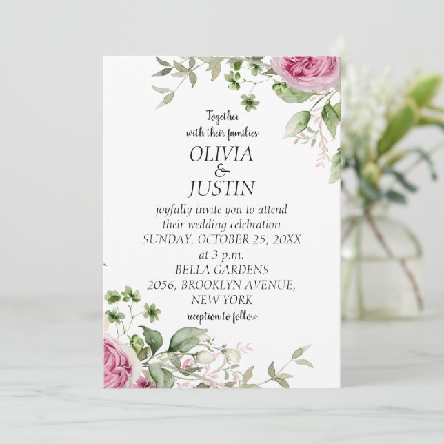 Watercolor Pink Floral Frame Wedding Invitation (Standing Front)