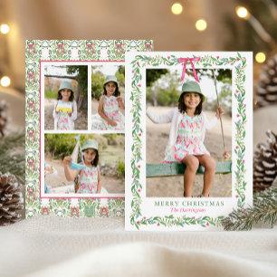 Watercolor Pink Floral Garland Frame Christmas Holiday Card