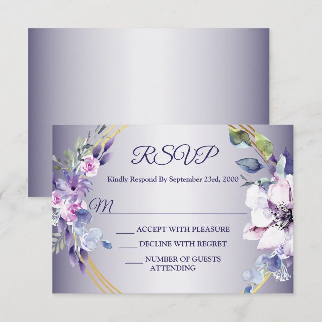 Watercolor Pink Floral Geometric Golden Purple RSVP Card (Front/Back)
