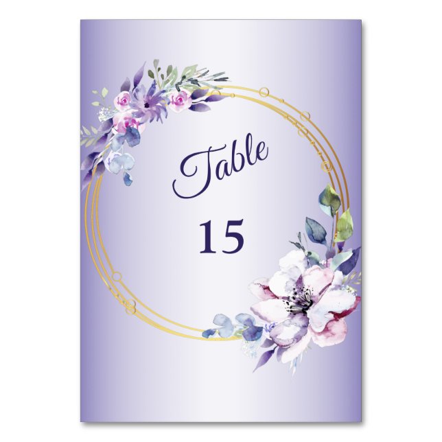 Watercolor Pink Floral Geometric Golden Purple Table Number (Front)
