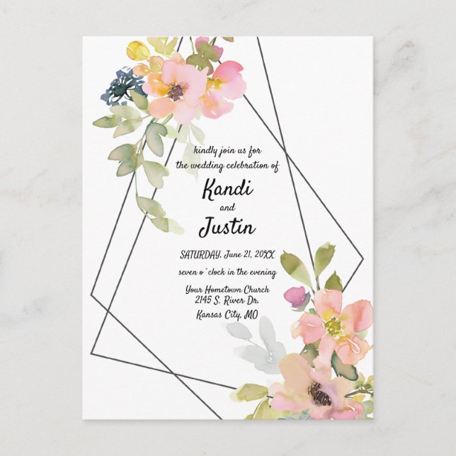 Watercolor Pink Floral Geometric Wedding Postcard (Front)