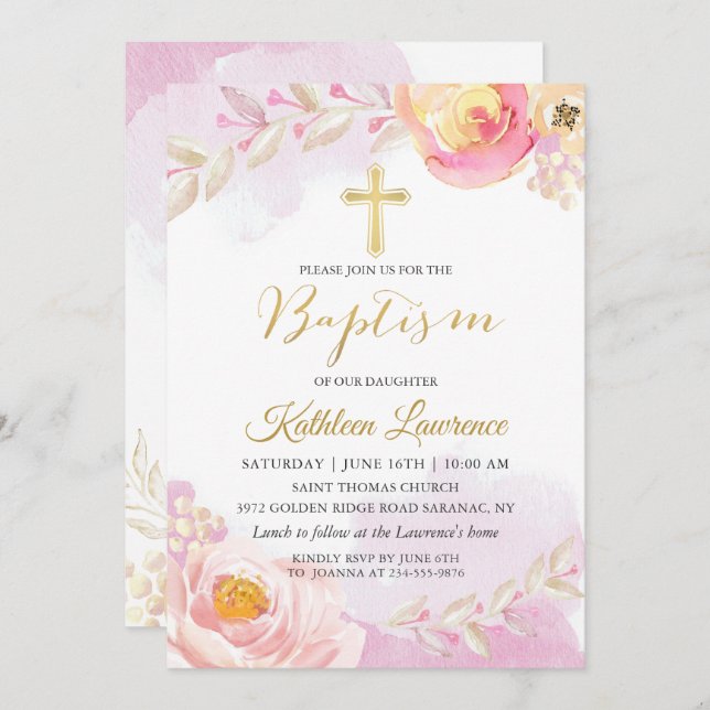 Watercolor Pink Floral Girl Baptism Invitation (Front/Back)