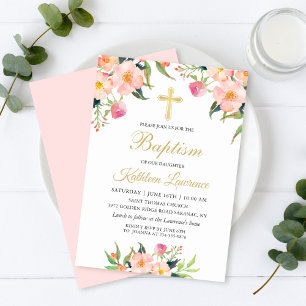 Watercolor Pink Floral Girl Baptism Invitation