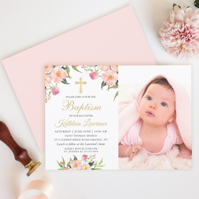 Watercolor Pink Floral Girl Baptism Photo Invitation (Creator Uploaded)