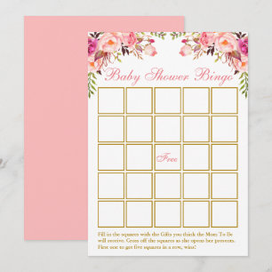 Watercolor Pink Floral Gold Baby Shower Bingo Card