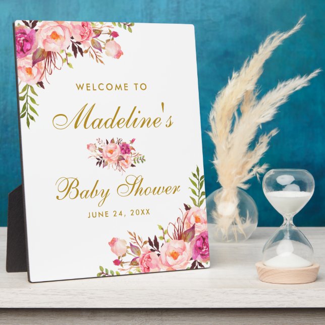 Watercolor Pink Floral Gold Baby Shower Welcome Plaque (Side)