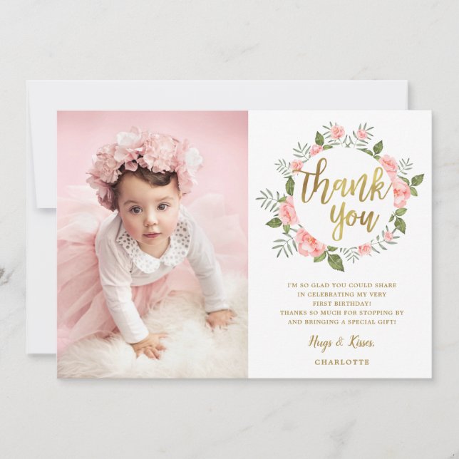 Watercolor Pink Floral Gold Birthday Thank You Card (Front)