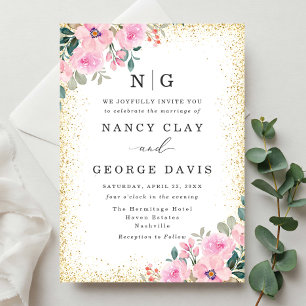 Watercolor Pink Floral Gold Frame Monogram Wedding Invitation