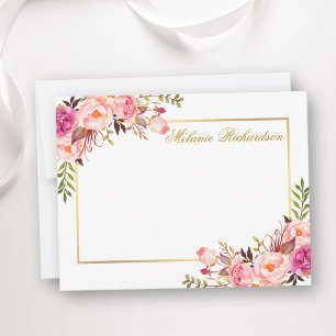 Watercolor Pink Floral Gold Frame Personalised Card