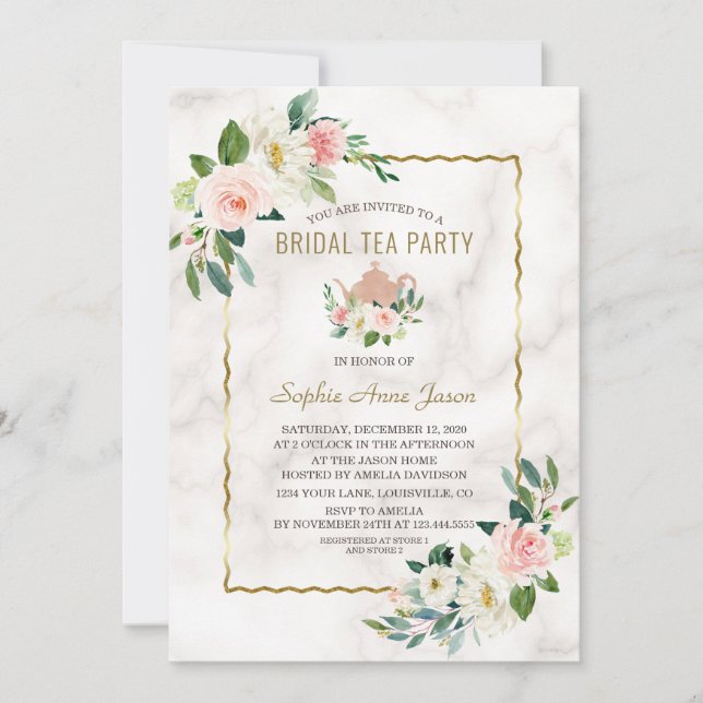 Watercolor Pink Floral Gold Marble Bridal Shower Invitation (Front)