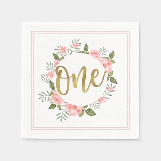 Watercolor Pink Floral Gold One First Birthday Napkin (Front)
