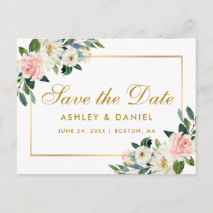 Watercolor Pink Floral Gold Save the Date Announcement Postcard