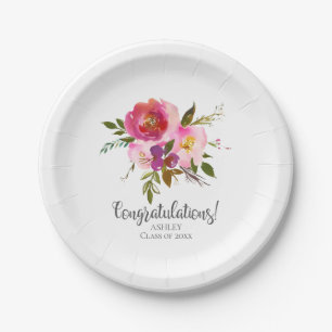 Watercolor Pink Floral Graduation Paper Plate