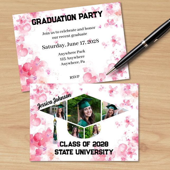 Watercolor Pink Floral Graduation Photo Party Invitation (Pink Watercolor Floral Pattern Matching Graduation Party Invitation with a shape photo collage)