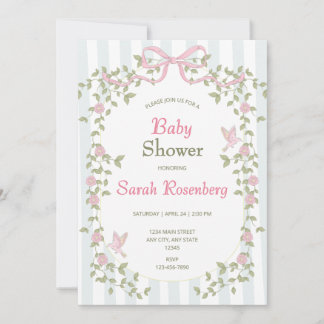Watercolor Pink Floral Greenery & Bow Baby Shower Invitation