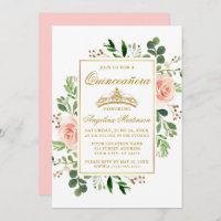 Watercolor Pink Floral Greenery Gold Quinceanera