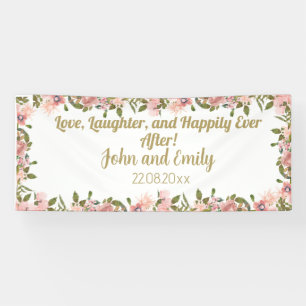 Watercolor pink floral Greenery & gold wedding Banner