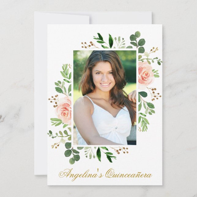 Watercolor Pink Floral Greenery Photo Quinceanera Invitation (Front)