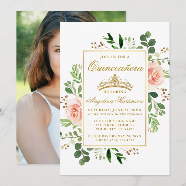 Watercolor Pink Floral Greenery Quinceanera Photo Invitation (Front/Back)