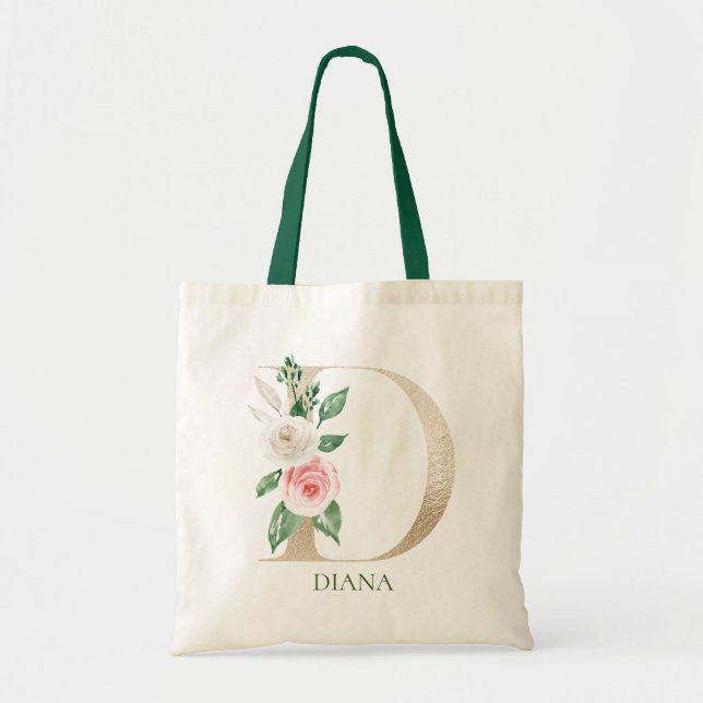 Watercolor Pink Floral Letter D Monogram Tote Bag (Front)
