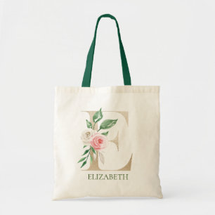 Watercolor Pink Floral Letter E Monogram Tote Bag