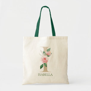 Watercolor Pink Floral Letter I Monogram Tote Bag