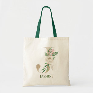 Watercolor Pink Floral Letter J Monogram Tote Bag
