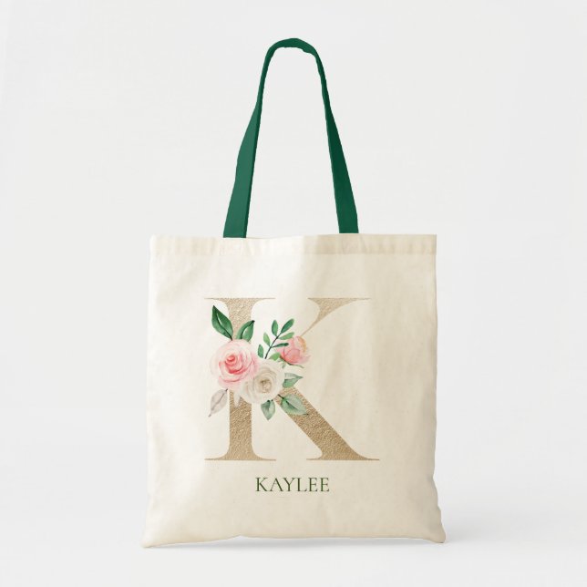 Watercolor Pink Floral Letter K Monogram Tote Bag (Front)