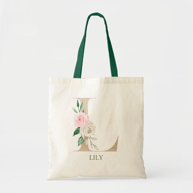 Watercolor Pink Floral Letter L Monogram Tote Bag (Front)