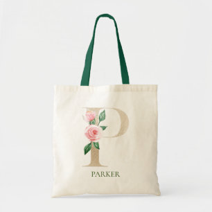 Watercolor Pink Floral Letter P Monogram Tote Bag