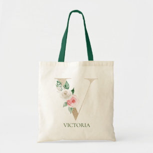 Watercolor Pink Floral Letter V Monogram Tote Bag