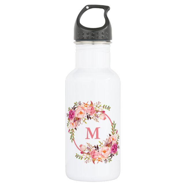 Watercolor Pink Floral Monogram 532 Ml Water Bottle (Front)