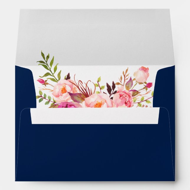 Watercolor Pink Floral Navy Blue Invitation Envelope (Back (Bottom))