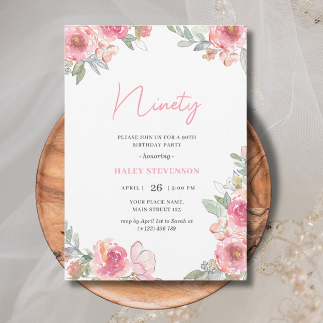 Watercolor Pink Floral Ninety 90th Chic Birthday Invitation (Creator Uploaded)