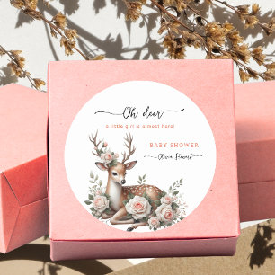 Watercolor Pink Floral oh deer baby shower Classic Round Sticker