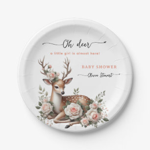 Watercolor Pink Floral oh deer baby shower Paper Plate