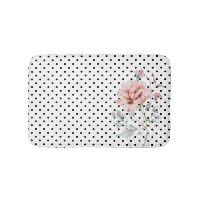 Watercolor Pink Floral on Black Polkadots Bath Mat (Front)