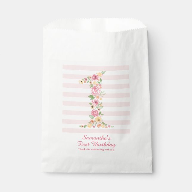 Watercolor Pink Floral One First Birthday Favour Bags (Front)