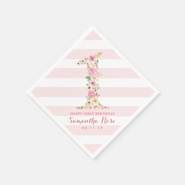 Watercolor Pink Floral One First Birthday Napkin (Corner)