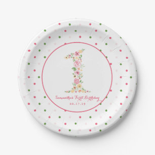 Watercolor Pink Floral One First Birthday Paper Plate