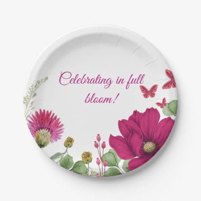 Watercolor Pink Floral Party Plate (Front)