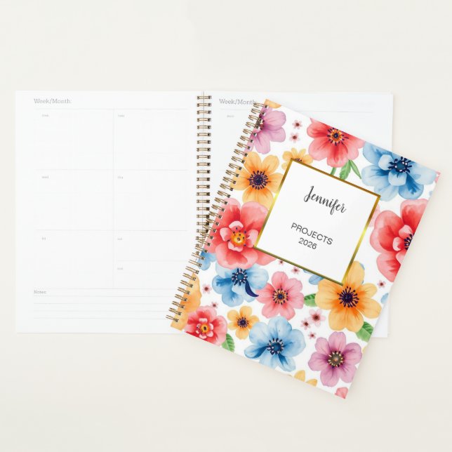 Watercolor pink floral pattern monogram name planner (Display)