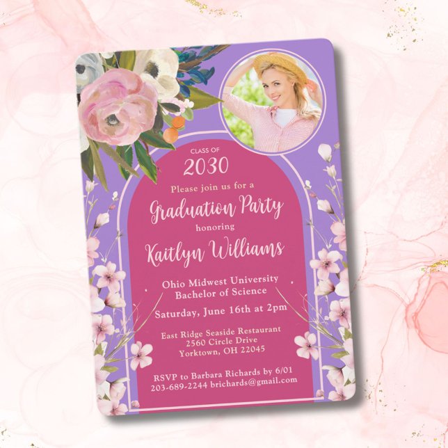 Watercolor Pink Floral Photo Graduation Party Invitation (Creator Uploaded)