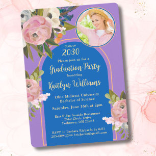  Watercolor Pink Floral Photo Graduation Party Invitation