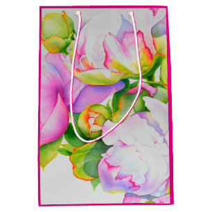 Watercolor pink floral pink peonies white floral medium gift bag