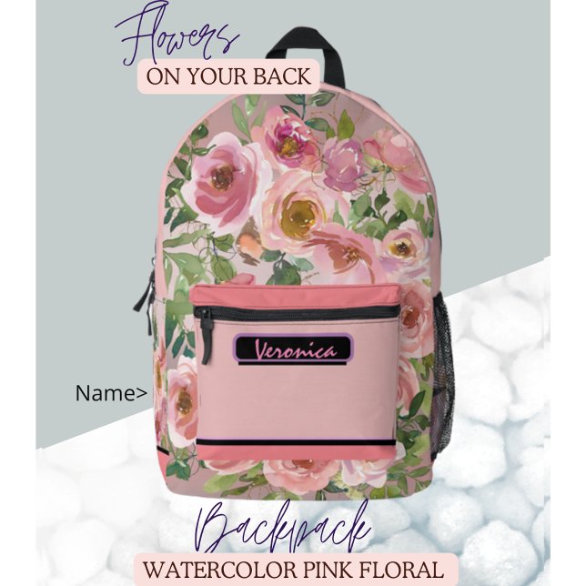 Watercolor  Pink Floral   Printed Backpack (Watercolor Pink Floral Printed Backpack , girly, pretty, great gift for Valentine, for school , work)