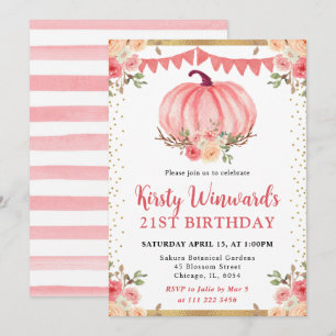 Watercolor Pink Floral Pumpkins Fall 21st Birthday Invitation