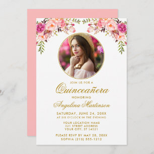 Watercolor Pink Floral Quinceanera Round Frame Invitation
